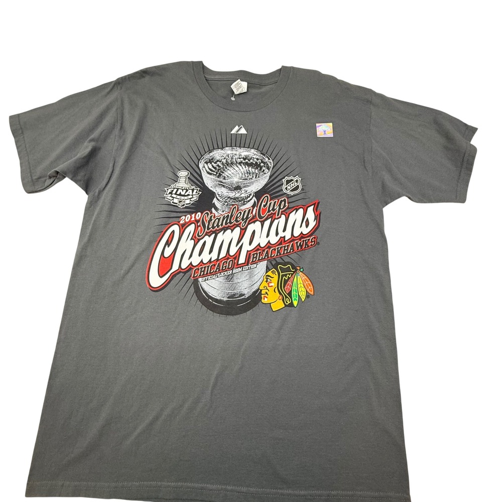 Majestic Chicago Blackhawks 2010 Stanley Cup Champions T-Shirt Mens L Grey NHL